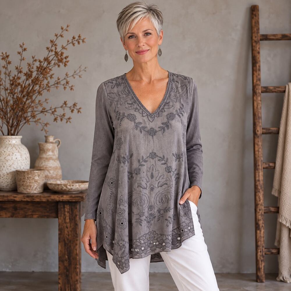 Johnny Was Gray Embroidered V Neck Long Sleeve Bohemian Top XS